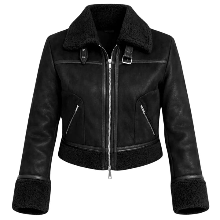 Chaqueta piloto ovejera con forro interior tipo borrego, exterior resistente al viento, corte cómodo y bolsillos frontales; abrigadora y estilosa para el frío y uso urbano en Colombia