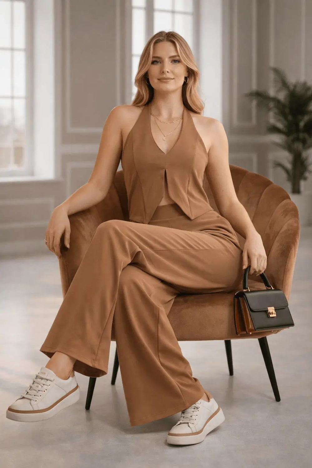 Conjunto Ágata color camello de dos piezas para mujer, compuesto por chaleco sastre halter y pantalón bota ancha de tiro alto. Look casual-elegante combinado con tenis blancos, ideal para el diario o reuniones. Disponible en nuestra tienda online con envíos a toda Colombia y opción de pago contra entrega