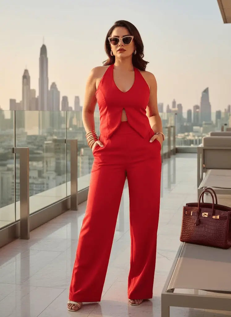 Luce elegante e imparable con el Conjunto Ágata rojo pasión. Un set sastre de dos piezas para mujer, con top halter y pantalón bota ancha con bolsillos, perfecto para destacar en una noche en la ciudad o un evento en un rooftop exclusivo. Muestra la sofisticación de la moda femenina premium en Colombia con un look moderno y versátil. Disponible online con envíos rápidos a nivel nacional