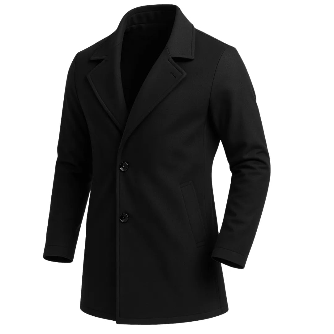 Abrigo negro clásico para hombre sobre fondo blanco limpio, mostrando la silueta y los botones de la prenda. Perfecto para looks elegantes y formales. Pídelo ya con envío nacional garantizado en Colombia