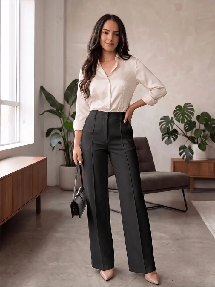 Mujer con pantalón negro de tiro alto Pantalon Fashion Viena y corte recto, tela elástica y suave que moldea la cintura, realza la figura y ofrece comodidad, versátil para oficina, eventos formales o looks casuales, combinado con blusa satinada y tacones nude