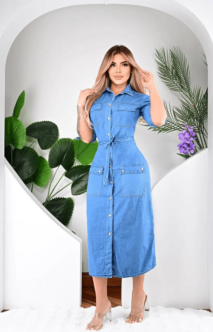 Vestido largo de jeans para mujer con corte tipo camisa, bolsillos frontales, cinturón ajustable y botones, estilo casual chic, transpirable y versátil para verano